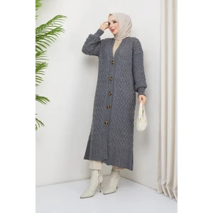 Pamuk Butik Kadın Antrasit Sepet Örgü Düğmeli Tam Boy Triko Hırka -Pmk186