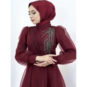 Merve Plume Omuz Taş Işlemeli Tesettür Abiye Organze Tül Kuşak Detaylı Tasarım Moda Düğün Şıklığı – Bordo