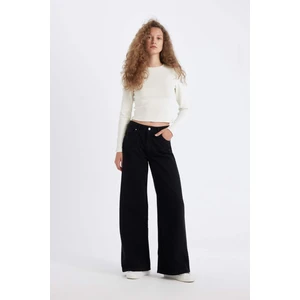 Wide Leg Kışlık Gabardin Siyah Pantolon Geniş Bol Paça Normal Bel Basic Düz D3766AX24AU
