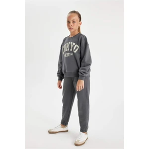 Kız Çocuk 2'li Takım Baskılı Bisiklet Yaka Sweatshirt Üst Beli Lastikli Jogger Eşofman Altı C8322A824AU