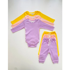 Efu Baby 3'lü %100 Pamuklu Uzun Kol Bebek Body Pantolon Takım Düz Desenli Kız Çocuk İçin