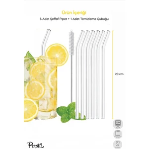 Straw 6'Lı Şeffaf Cam Eğimli Isıya Dayanıklı (Borosilikat) Pipet Ve 1 Adet Pipet Temizleme Fırçası