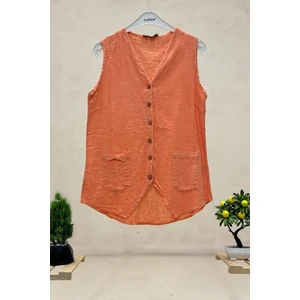 V Yaka Düğmeli Keten Yelek