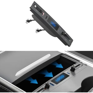 Tesla Model Y / Model 3  Orta Konsol USB Girişi Teleskopik Hızlı Şarj Type C ve Iphone Pd Uyumlu 4' Lü Kablo Merkezi, Siyah