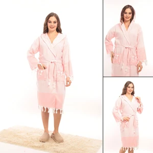 Rozet Tekstil Hürrem Turuncu L/XL Püsküllü Kapüşonlu Banyo Sauna Havuz Plaj Kadın Erkek Unisex Cepli Pamuklu Peştamal Bornoz