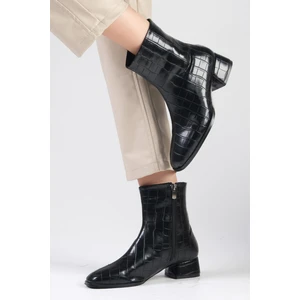 Mio Gusto Alexia Siyah Renk Krokodil Desenli İnce Kürk Astarlı Küt Burunlu Kadın Topuklu Bot