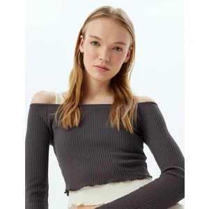 Uzun Kollu Tişört Crop Renk Bloklu Kalın Askılı Kayık Yaka