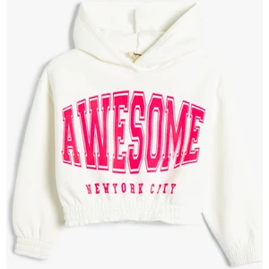 Kapşonlu Crop Sweatshirt Pamuklu Slogan Baskılı