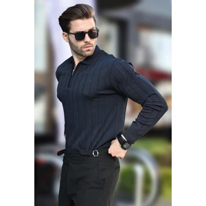 Lacivert Polo Yaka Fermuarlı Örme Kazak 7242