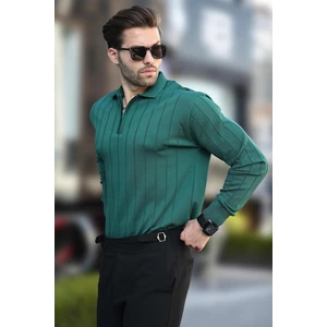 Yeşil Polo Yaka Fermuarlı Örme Kazak 7242