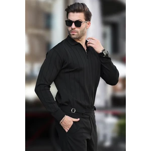 Siyah Polo Yaka Fermuarlı Örme Kazak 7242