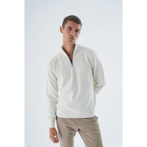 Trist Star Erkek Ekru %100 Pamuk Fermuarlı Dik Yaka Triko Kazak TRIST-1191