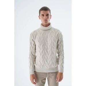 Trist Star Erkek Bej Balıkçı Yaka Pirinç Saç Örgülü Yün Triko Örme Kazak TRIST-5337