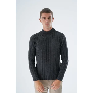 Trist Star Erkek Antrasit Yarım Balıkçı Saç Örgülü Arka Kol Fitilli Yün Triko Örme Kazak TRIST-5328