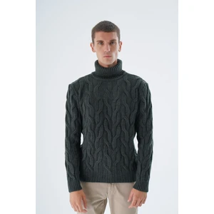 Trist Star Erkek Haki Balıkçı Yaka Pirinç Saç Örgülü Yün Triko Örme Kazak TRIST-5337