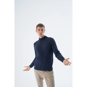 Trist Star Erkek Lacivert Yarım Balıkçı Saç Örgülü Arka Kol Fitilli Yün Triko Örme Kazak TRIST-5328