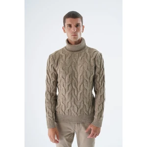 Trist Star Erkek Vizon Balıkçı Yaka Pirinç Saç Örgülü Yün Triko Örme Kazak TRIST-5337