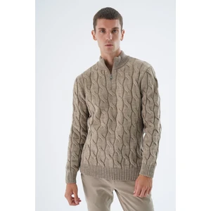 Trist Star Erkek Vizon Yarım Balıkçı Fermuarlı Saç Örgülü Yün Triko Örme Kazak TRIST-5339