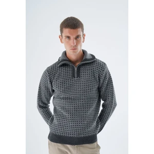 Trist Star Erkek Antrasit Kamyon Yaka Jakarlı Üç Renkli Fermuarlı Yün Triko Örme Kazak TRIST-5340