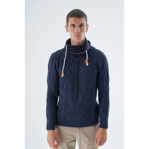 Trist Star Erkek Lacivert Şal Yaka Yürütme Saç Örgülü Yün Triko Örme Kazak TRIST-5342