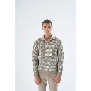 Trist Star Erkek Vizon Kamyon Yaka Jakarlı Üç Renkli Fermuarlı Yün Triko Örme Kazak TRIST-5340