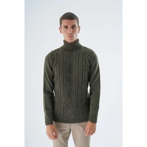 Trist Star Erkek Haki Balıkçı Yaka Yürütme Saç Örgülü Yün Triko Örme Kazak TRIST-5336