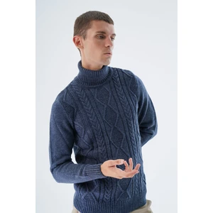 Trist Star Erkek Lacivert Balıkçı Yaka Yürütme Saç Örgülü Yün Triko Örme Kazak TRIST-5336