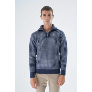 Trist Star Erkek Lacivert Kamyon Yaka Jakarlı Üç Renkli Fermuarlı Yün Triko Örme Kazak TRIST-5340