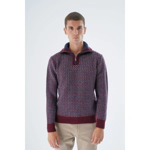 Trist Star Erkek Bordo Kamyon Yaka Jakarlı Üç Renkli Fermuarlı Yün Triko Örme Kazak TRIST-5340