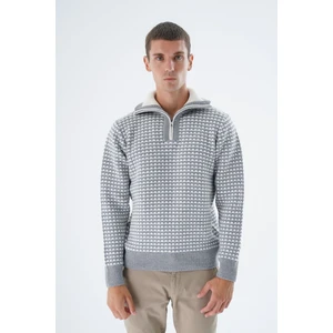 Trist Star Erkek Gri Kamyon Yaka Jakarlı Üç Renkli Fermuarlı Yün Triko Örme Kazak TRIST-5340