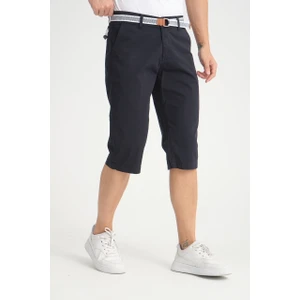 Erkek Lacivert Diz Altı Likralı Bermuda Kemer Hediyelii Kapri Uzun Şort