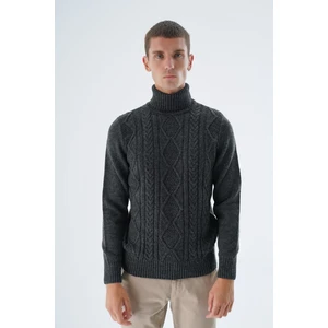 Trist Star Erkek Antrasit Balıkçı Yaka Yürütme Saç Örgülü Yün Triko Örme Kazak TRIST-5336