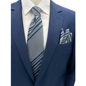 Gri Lacivert Beyaz Mavi Çizgili Kravat Mendil Set