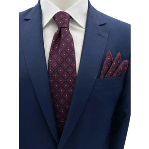 Bordo Lacivert Kare Motif Desen Kravat Mendil Set