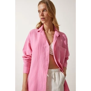 Oversize Basic Müslin Gömlek Açık Pembe