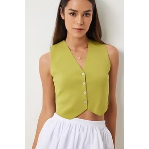 V Yaka Yazlık Crop Triko Yelek Yağ Yeşili