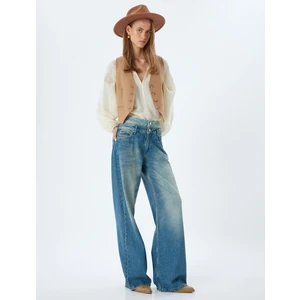 Bol Kot Pantolon Çift Bel Detaylı Düğmeli Yıkamalı Loose Straight Fit Jean