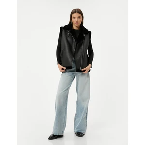 Deri Uzun Biker Yelek Yakası Kürklü Fermuarlı Cepli