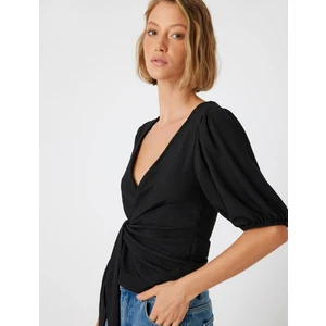Kruvaze Balon Kol Tişört V Yaka Önden Bağlama Detaylı Slim Fit
