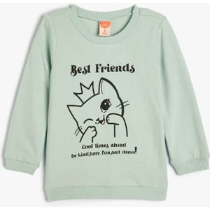 Sweatshirt Uzun Kollu Kedi Baskılı Şardonlu Bisiklet Yaka Pamuklu