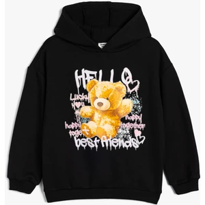 Kapşonlu Sweatshirt Ayıcık Baskılı Şardonlu Slogan Temalı