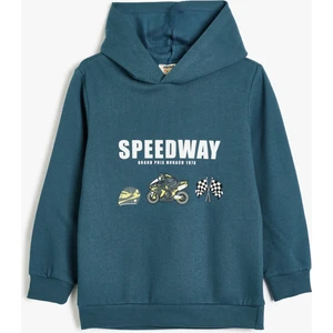 Kapşonlu Sweatshirt Motosiklet Baskılı Uzun Kollu