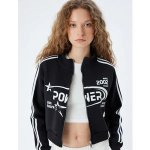 Crop Fermuarlı Sweatshirt Kolej Baskılı Dik Yaka Şardonlu