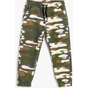 Jogger Eşofman Altı Kamuflaj Desenli Beli Bağlamalı Cepli Şardonlu