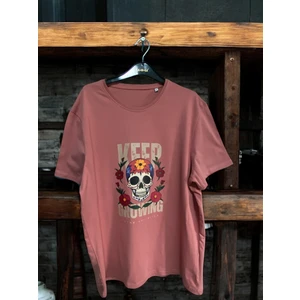 Design - Kırmızı-Kahverengi Keep Growıng Yazılı Çiçekli Kafatası Grafik T-Shirt