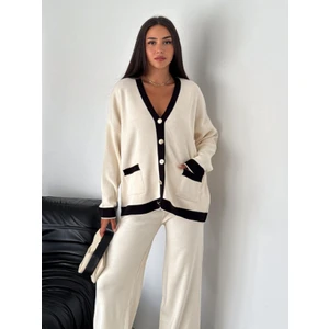 Zishan Fashion Triko Ikili Takım - V Yaka Metal Düğme Detaylı Hırka ve Pantolonlu Takım Şık Tasarım 002