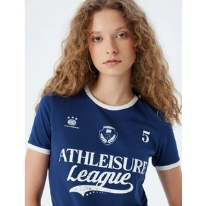 Kolej Tişört Baskılı Biyeli Kısa Kollu Bisiklet Yaka