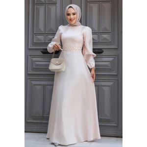 Neva Style Boncuk Detaylı Pudra Tesettür Abiye Elbise 23301PD