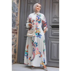 Neva Style Desenli Ekru Tesettür Elbise 23441E
