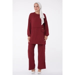 Düz Orta Kadın Bordo Tunik Pantolon - 10542
